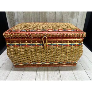 Vintage Woven Wicker Sewing Basket with Red Satin Lining 10"x8"x6" Home Decor